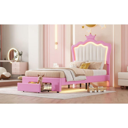 Twin Size Upholstered Bed Frame with LED Lights, Modern Upholstered Princess Bed with Crown Headboard, a Drawer, Pink+White
