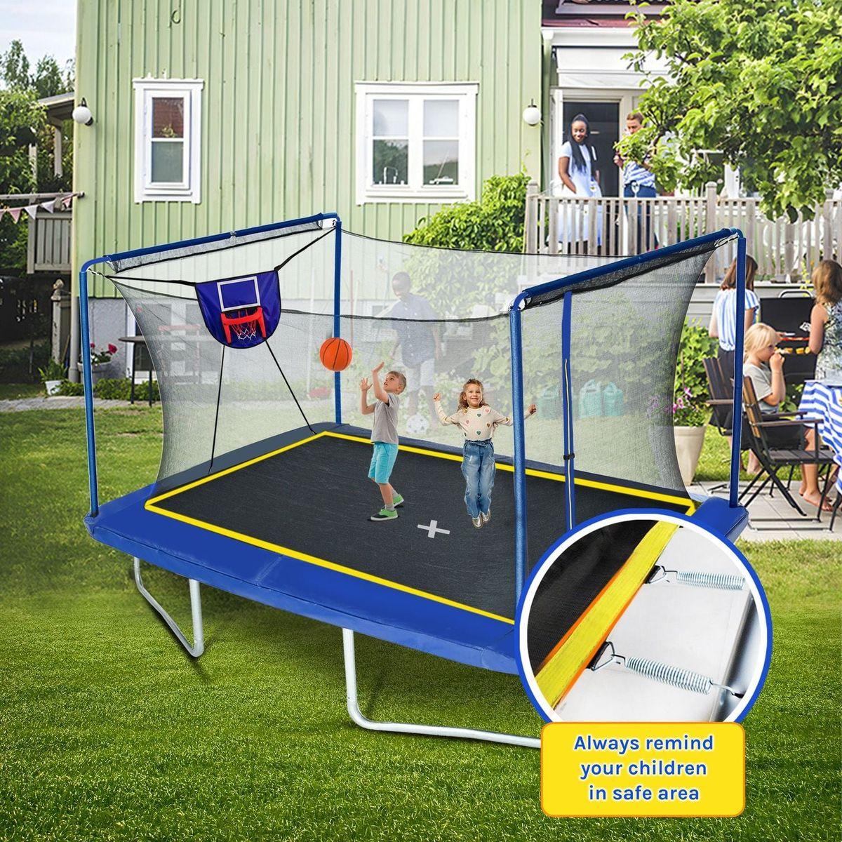 New YC 8ft by 12ft rectangular trampoline with basketball board,ball inflater and ladder-Blue ASTM standard tested and CPC certified