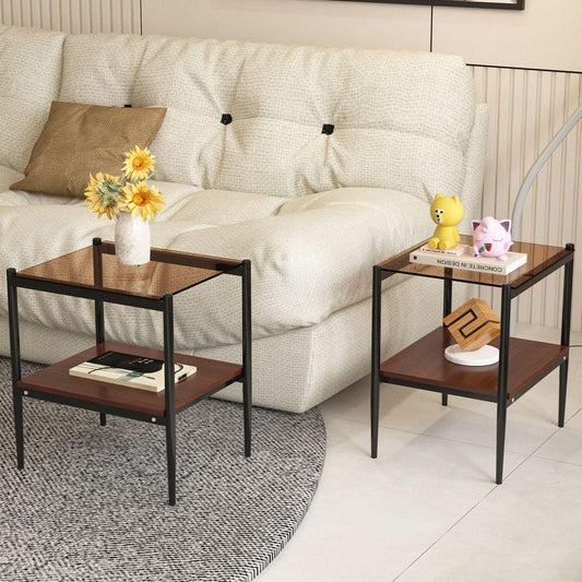 Set of 2 Rectangle End Table, Tempered Glass Tabletop with MDF layer, Modern Table for Living Room, Brown Glass