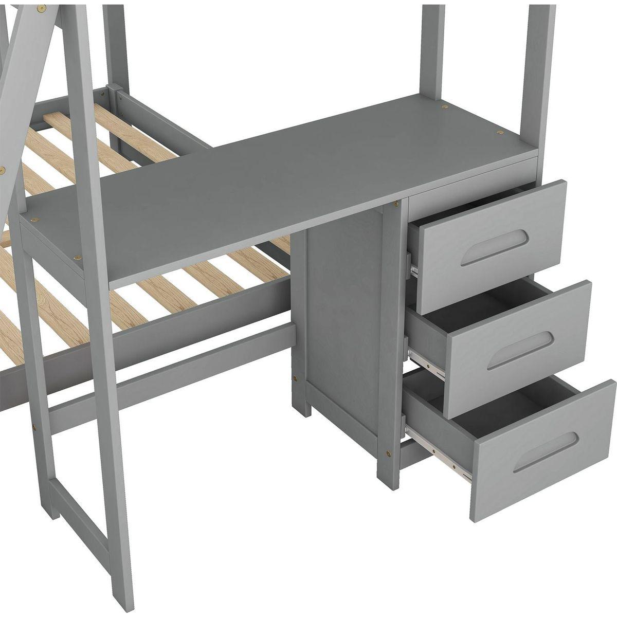 Twin over Full Bunk Bed with Built-in Desk and Three Drawers,Grey