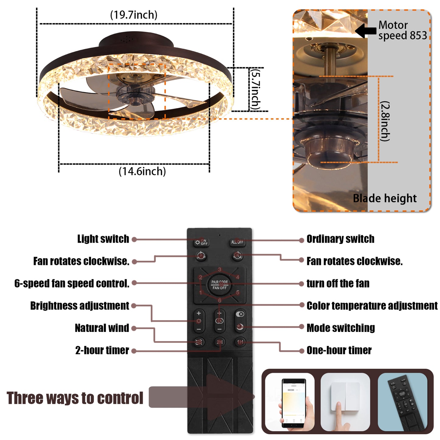 Low Profile Ceiling Fan with Light and Remote Control, Dimmable LED Ceiling Fan, 6 Speeds, Timing Reversible Blades, Brown, 20"