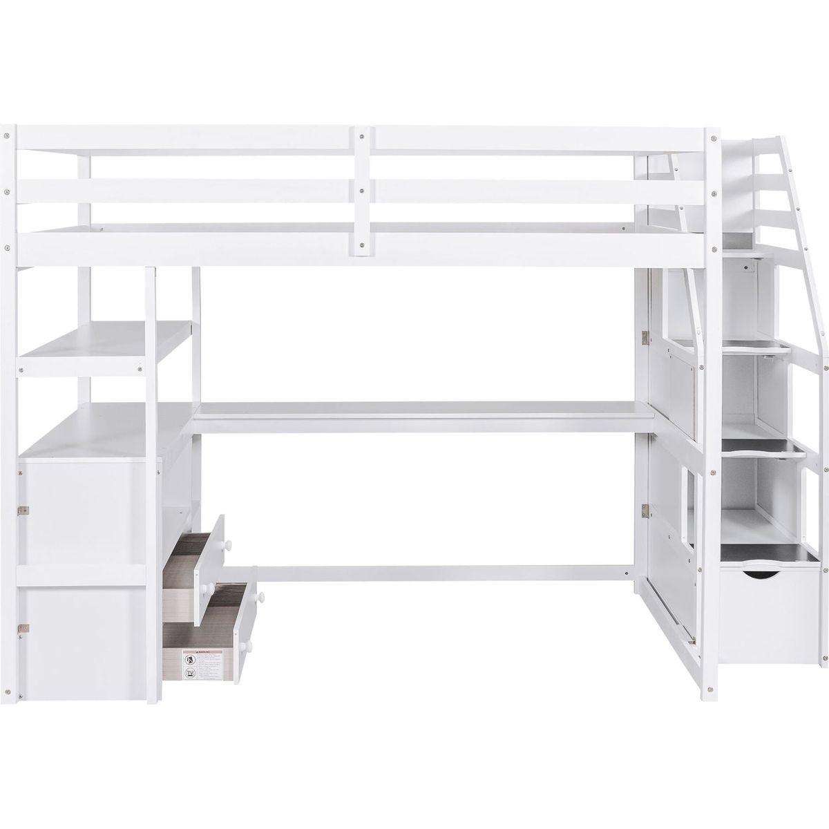 Full Size Loft Bed with Desk and Shelves, Two Built-in Drawers, Storage Staircase, White