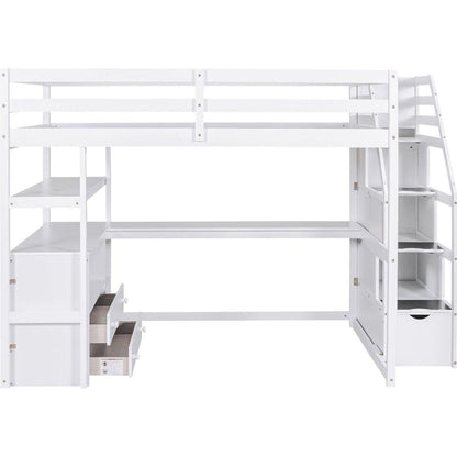 Full Size Loft Bed with Desk and Shelves, Two Built-in Drawers, Storage Staircase, White