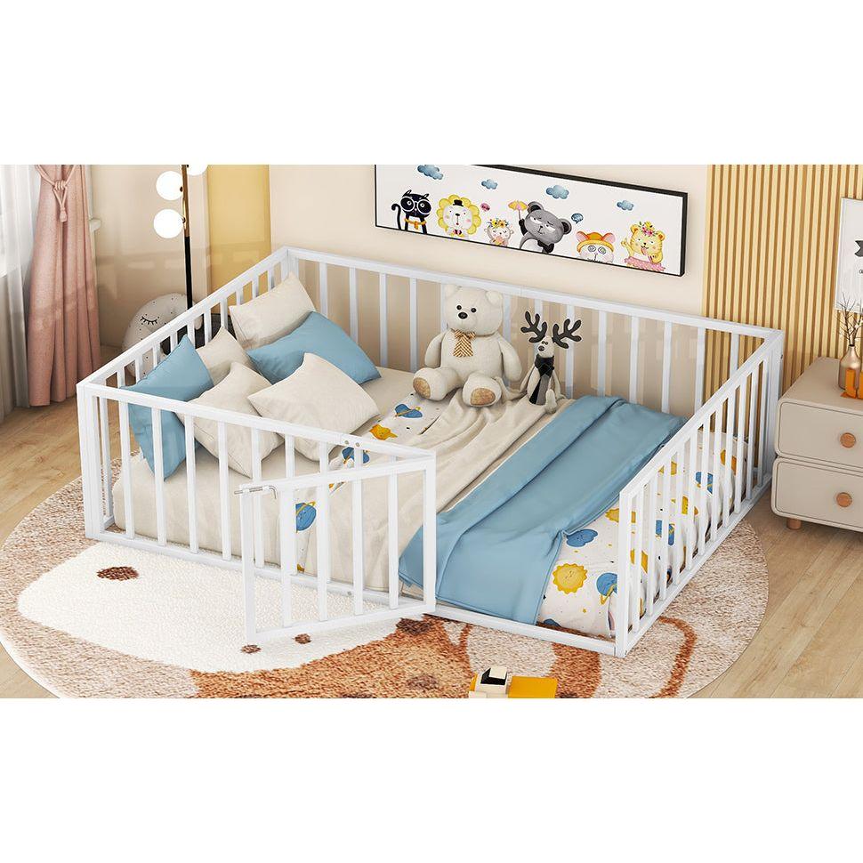 Full Size Metal Floor Bed Frame with Fence and Door, White