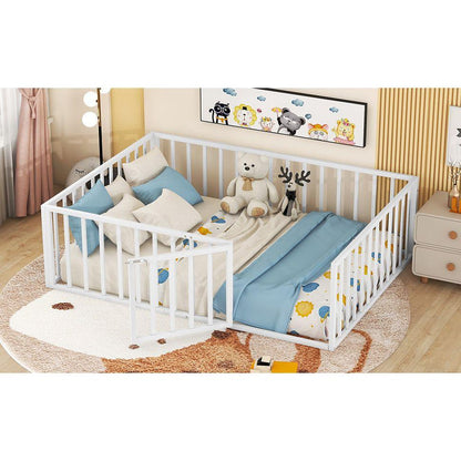 Full Size Metal Floor Bed Frame with Fence and Door, White