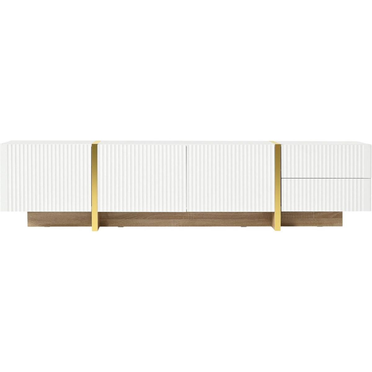 Luxury Fluted TV Stand for TVs Up to 80", Modern Entertainment Center with Storage Cabinets & Drawers, Smooth Media Console with Golden Wood Grain Legs for Living Room, White