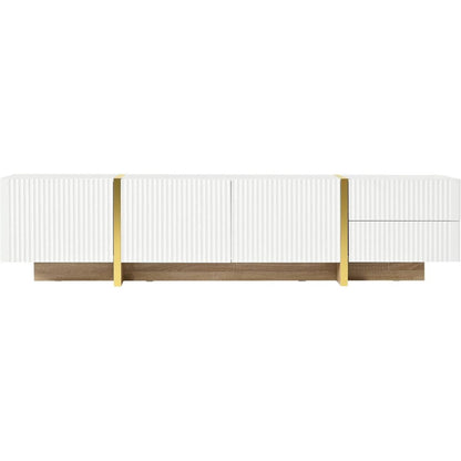 Luxury Fluted TV Stand for TVs Up to 80", Modern Entertainment Center with Storage Cabinets & Drawers, Smooth Media Console with Golden Wood Grain Legs for Living Room, White