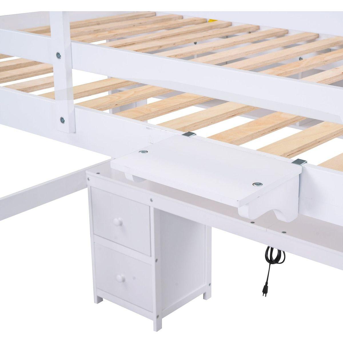 Full Size Loft Bed with Desk, Cabinets, Drawers and Bedside Tray, Charging Station, White