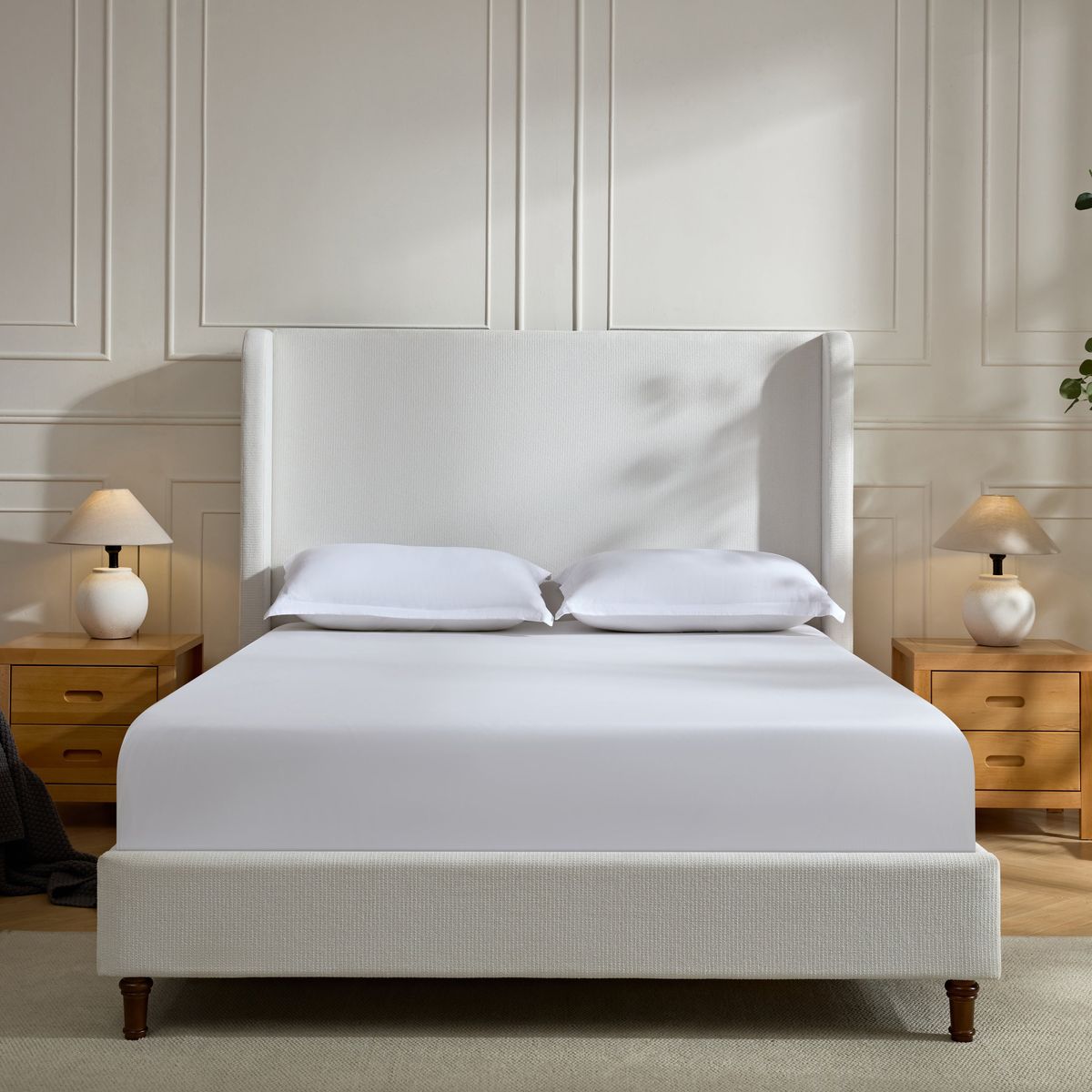 Harper Tall Headboard Upholstered Bed / 54' High Headboard / Elegant Simplicity / No Box Spring Needed / Easy Assembly / King / Cream White Chenille