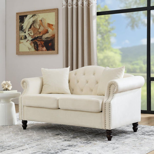 57" Chesterfield Sofa Grey Velvet for Living Room, 2 Seater Sofa Tufted Couch with Rolled Arms and Nailhead for Living Room, Bedroom, Office, Apartment, two pillowsW834S00074