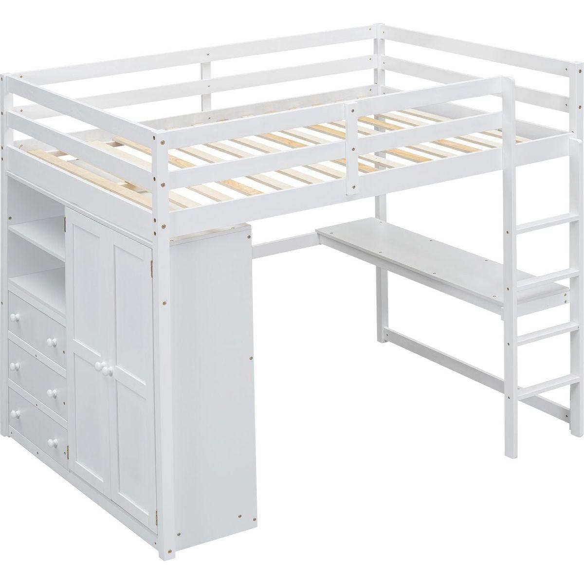 Wood Full Size Loft Bed with Built-in Wardrobe, Desk, Storage Shelves and Drawers, White