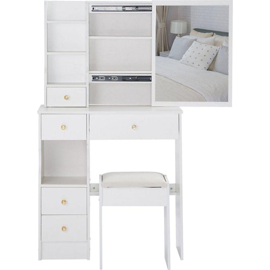 Small Size Left Drawer Desktop Vanity Table + Cushioned Stool, Extra Large Sliding Mirror, Multi Layer, High Capacity Storage Fashionable Dresser, Suitable for Small Space, EPA,GCC,UL Certificate