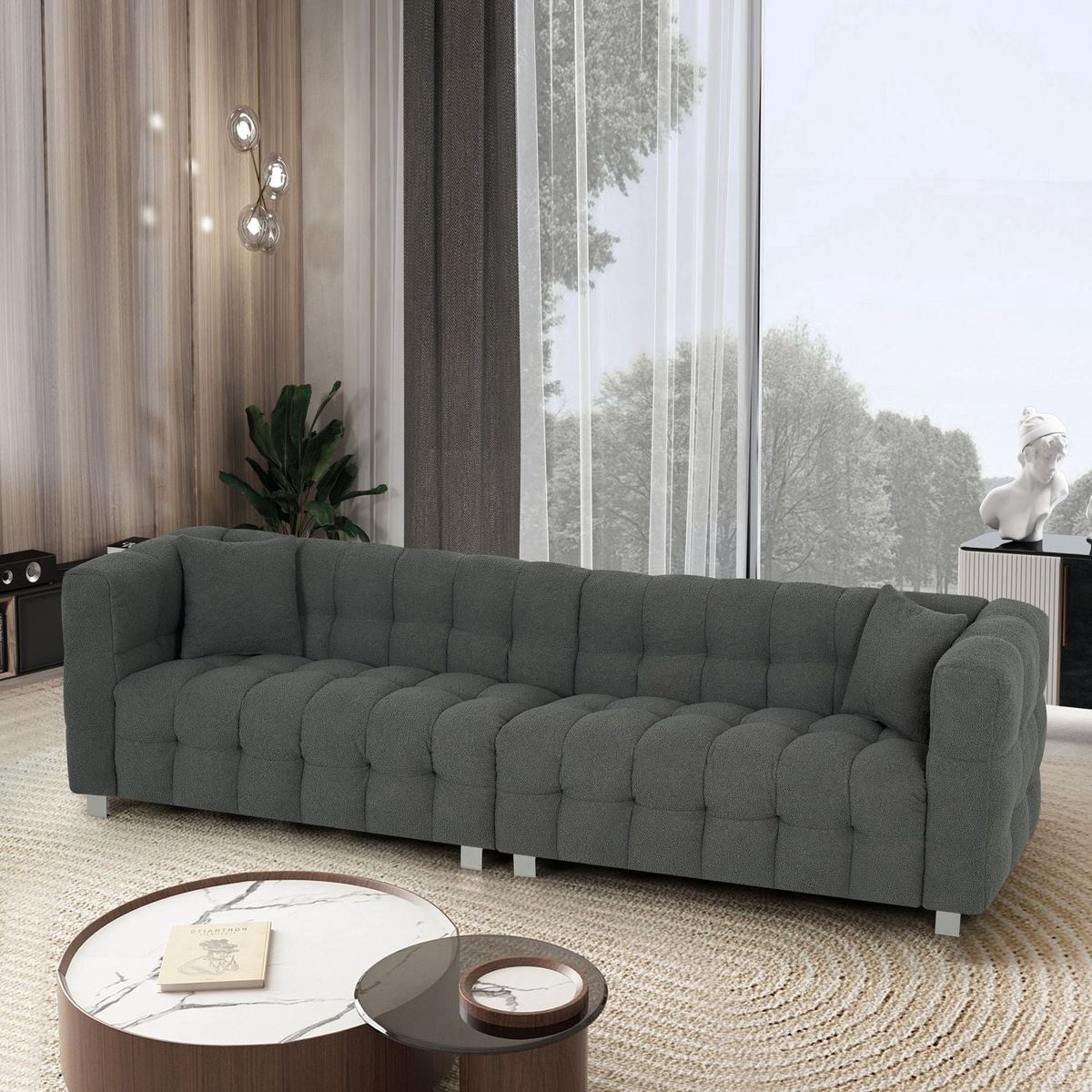 inch gray teddy velvet sofa with two throw pillows in living room Bedroom apartment sofa supported by hardware feet