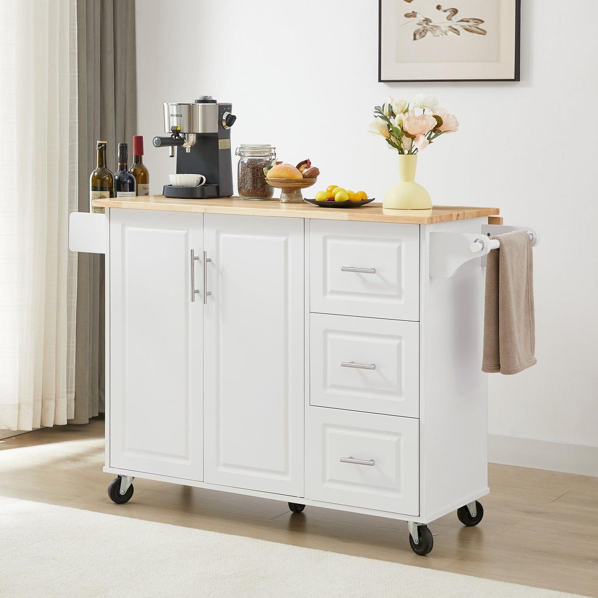 Kitchen Island with Drop Leaf Countertop, Rolling Kitchen Island Cart, Barn Door Kitchen Island Table with Storage Cabinet and Tower Rack, Island Table On Wheels for Kitchen, White