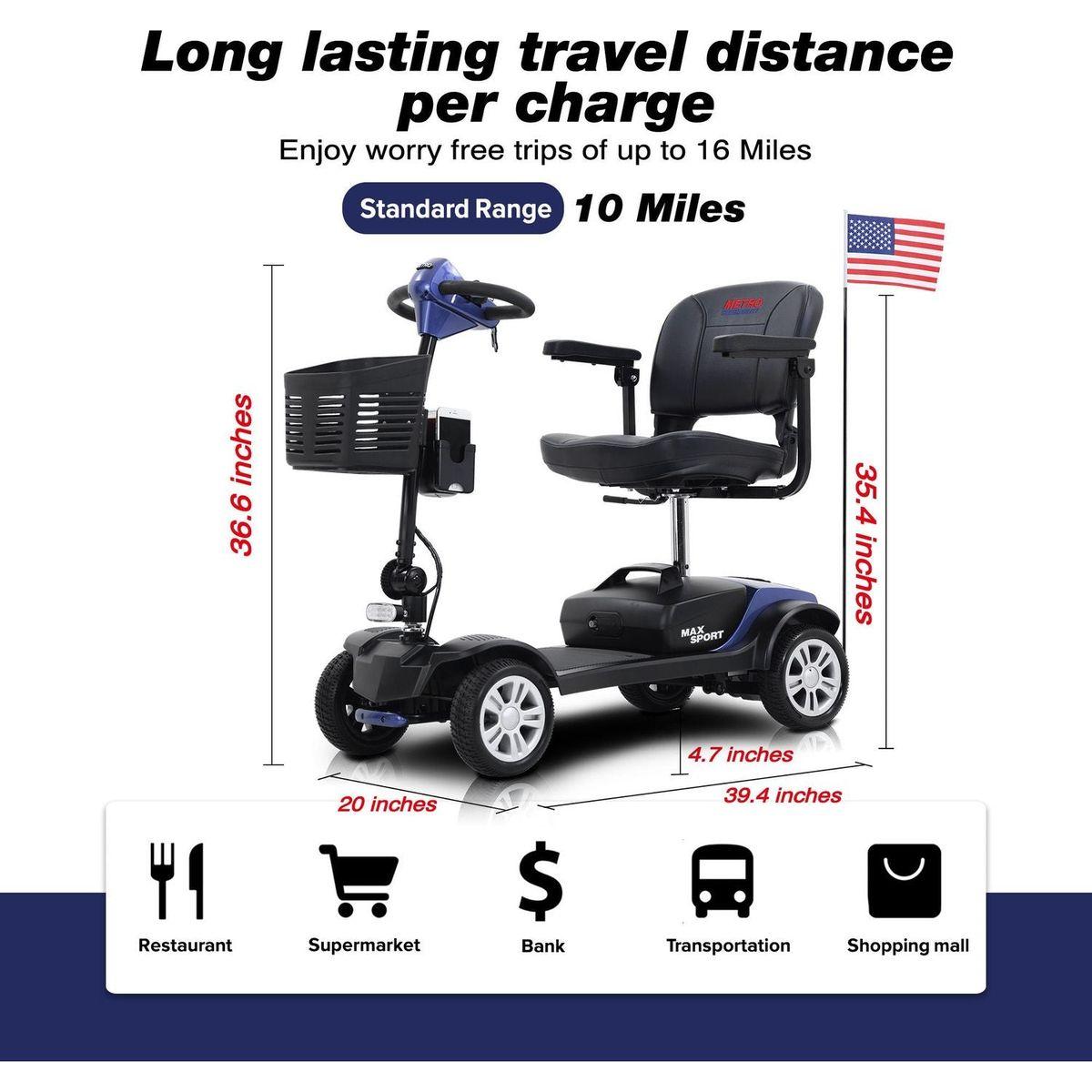 MAX SPORT BLUE 4 Wheels Outdoor Compact Mobility Scooter with 2 in 1 Cup & Phone Holder