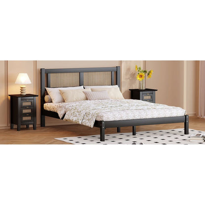 3-Pieces Bedroom Sets Queen Size Wooden Platform Bed with Natural Rattan Headboard, Nightstands Set of 2 with Rattan-Woven Surfaces and Three Drawers for Bedroom, Black