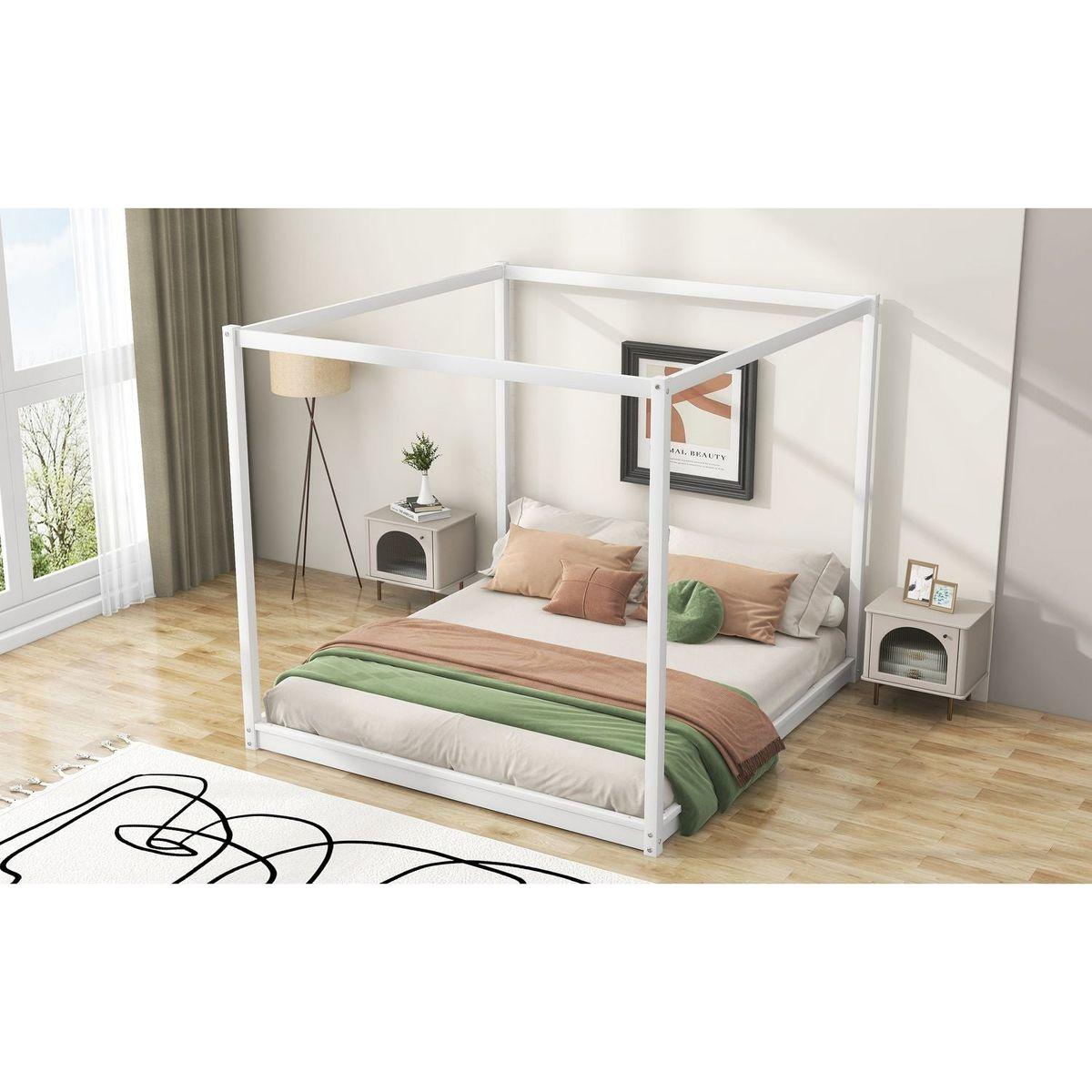 King Size Canopy Platform Bed with Support Legs,White
