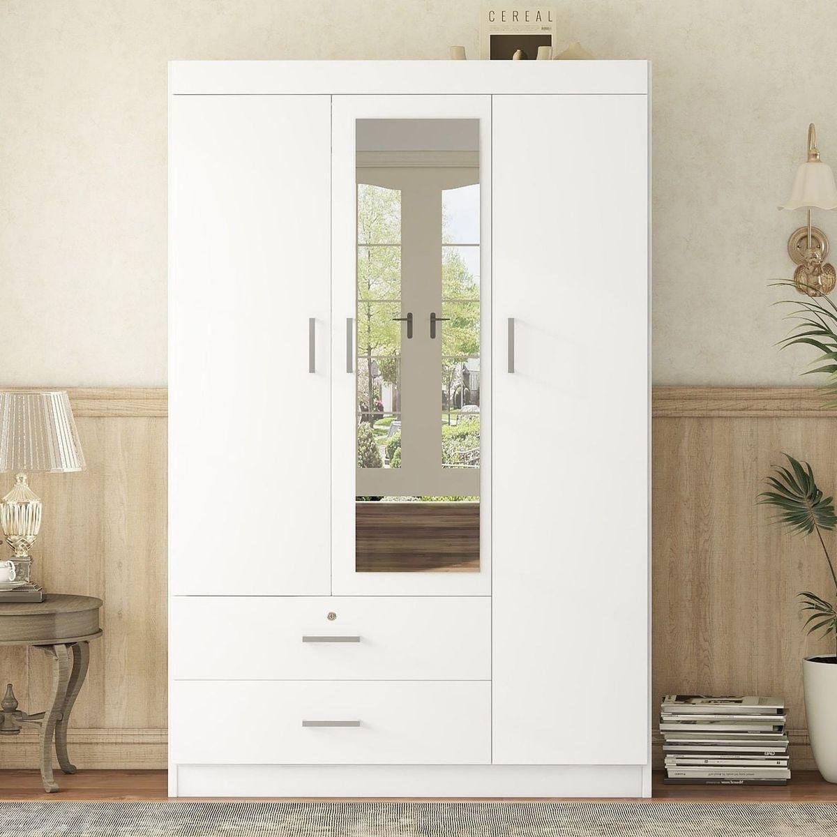 3-Door Mirror Wardrobe with shelves, White - Streamdale Furniture