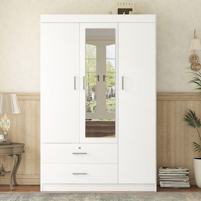 3-Door Mirror Wardrobe with shelves, White - Streamdale Furniture