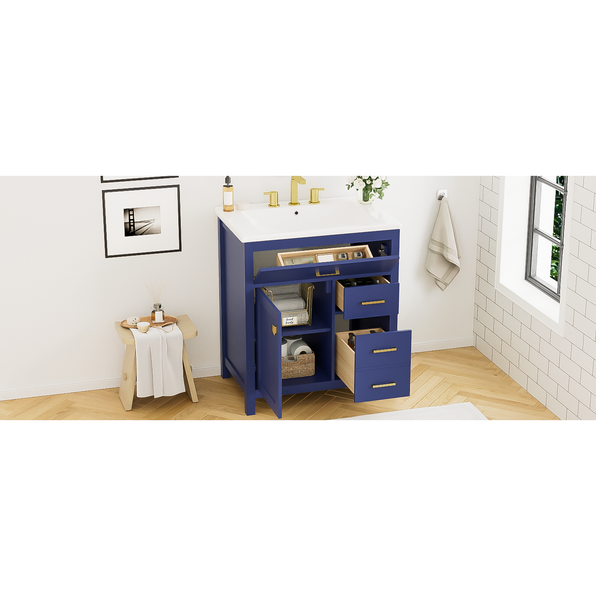 30-Inch Blue Bathroom Vanity with Ceramic Sink and Ample Storage - Ideal Choice for Small Bathrooms