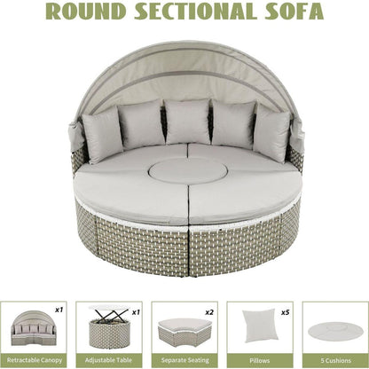 Patio Furniture Round Outdoor Sectional Sofa Set Rattan Daybed Two-Tone Weave Sunbed with Retractable Canopy, Separate Seating and Removable Cushion, Gray
