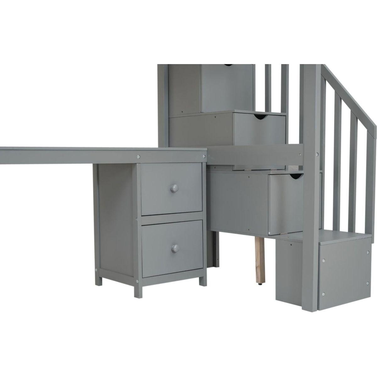 Twin Size Loft Bed Frame with Built-in Desk and Double Storage Drawers,Gray