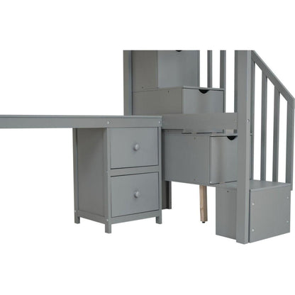 Twin Size Loft Bed Frame with Built-in Desk and Double Storage Drawers,Gray