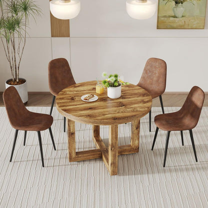 A modern and practical circular dining table. Made of MDF tabletop and wooden MDF table legs. A set of 4 brown cushioned chairs.