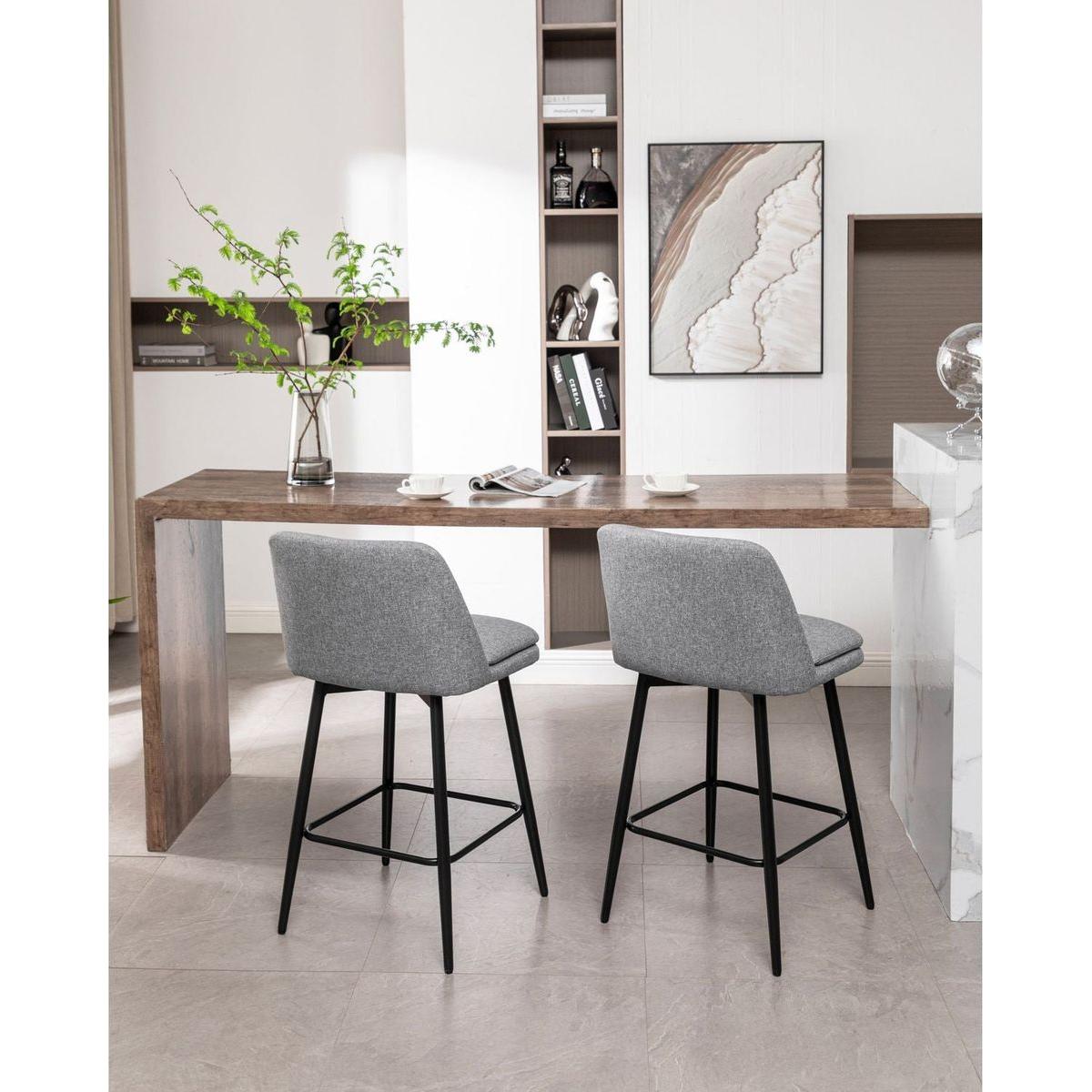 Counter Height Swivel Bar Stools Set of 2, 360 Swivel Upholstered Barstools with Back and Metal Legs, 25.6" Seat Height,Counter Stools for Kitchen Island and Pub,Linen Cloth,Grey