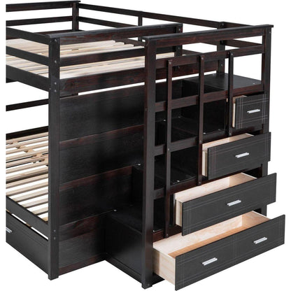 Full Over Full Bunk Bed with Twin Size Trundle and Staircase, Espresso