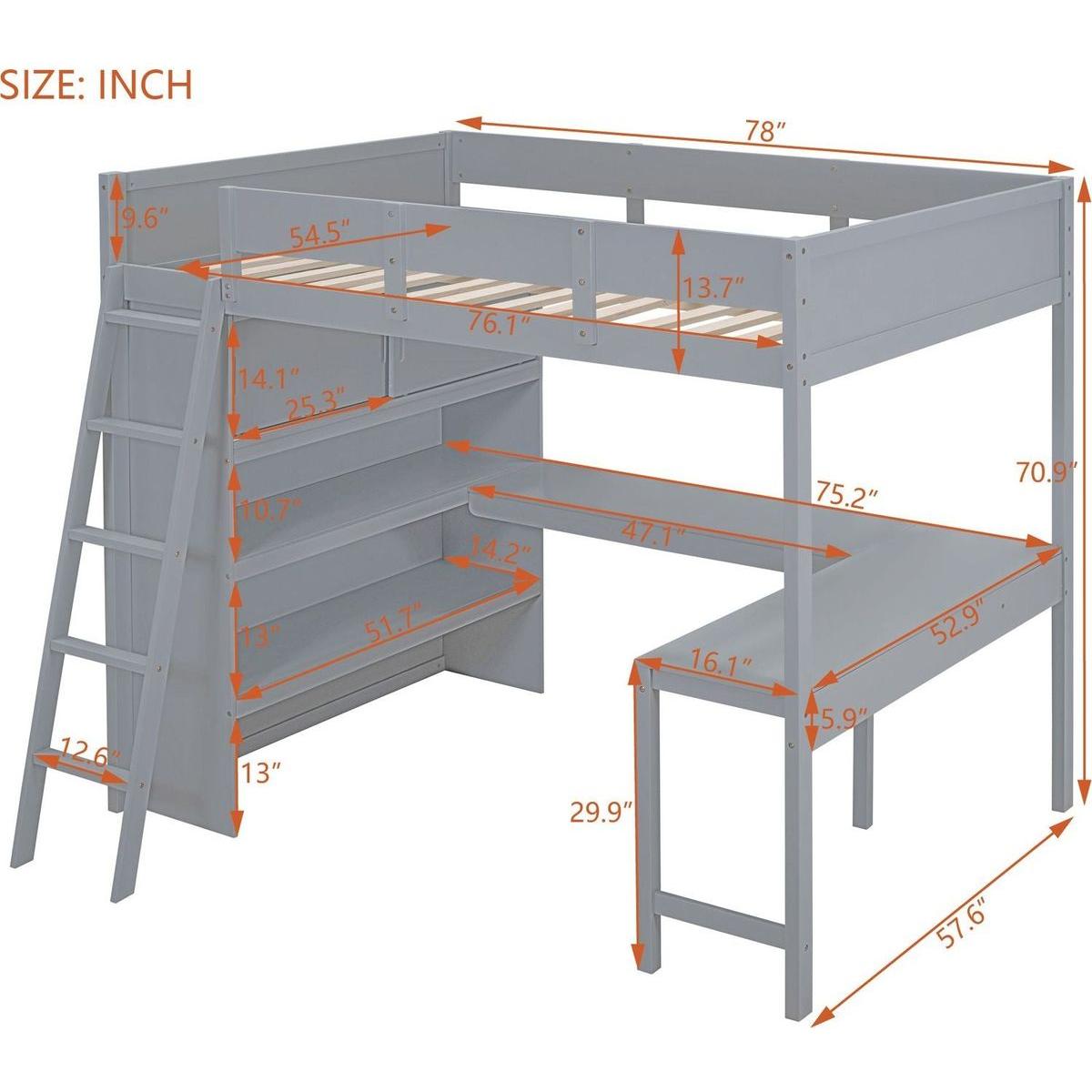 Full Size Loft Bed with Desk and Shelf - Gray