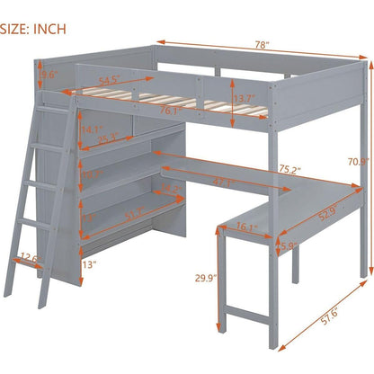 Full Size Loft Bed with Desk and Shelf - Gray