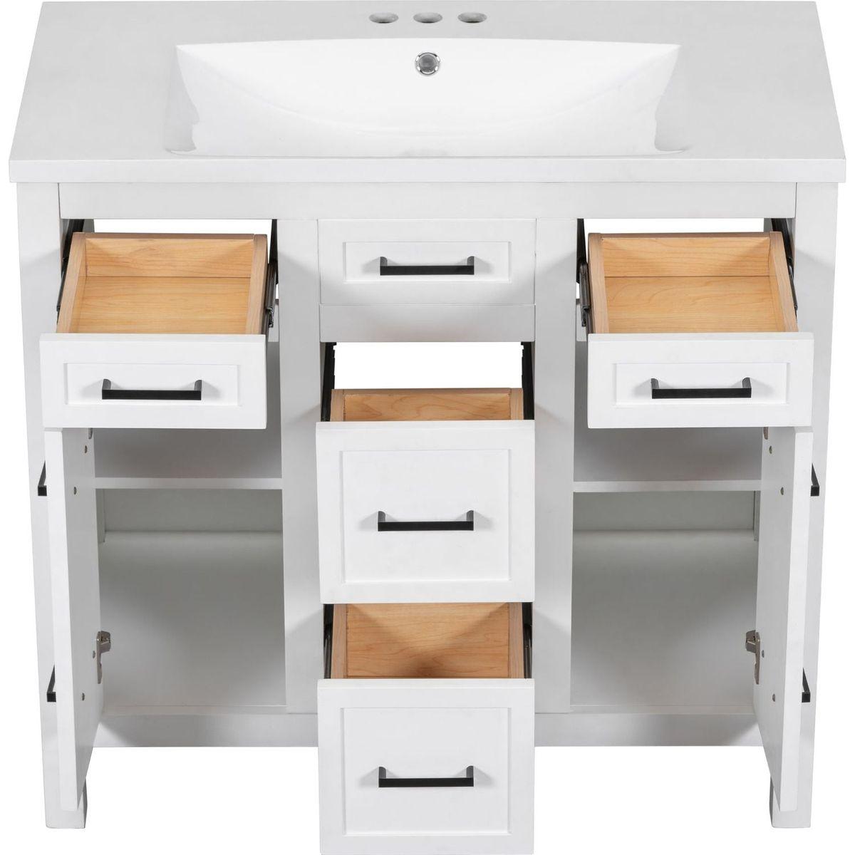 36" Bathroom Vanity Cabinet with Resin Integrated Sink - 4 Drawers, 2 Doors