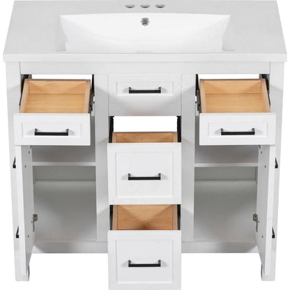 36" Bathroom Vanity Cabinet with Resin Integrated Sink - 4 Drawers, 2 Doors