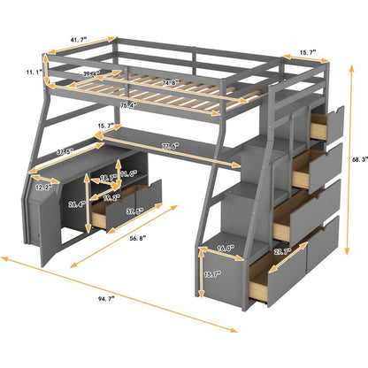 Twin Size Loft Bed with 7 Drawers 2 Shelves and Desk - Gray
