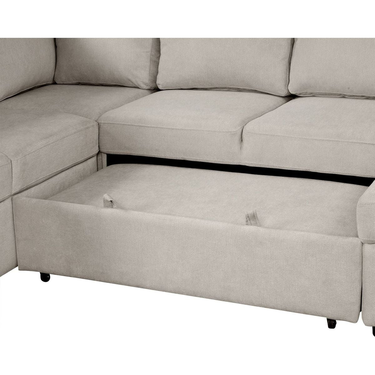 109" U-shaped Sectional Sofa Pull-out Sofa Bed with Two USB Ports, a Storage Chaise Lounge and Four Back Pillows for Living Room, Beige