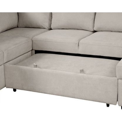 109" U-shaped Sectional Sofa Pull-out Sofa Bed with Two USB Ports, a Storage Chaise Lounge and Four Back Pillows for Living Room, Beige