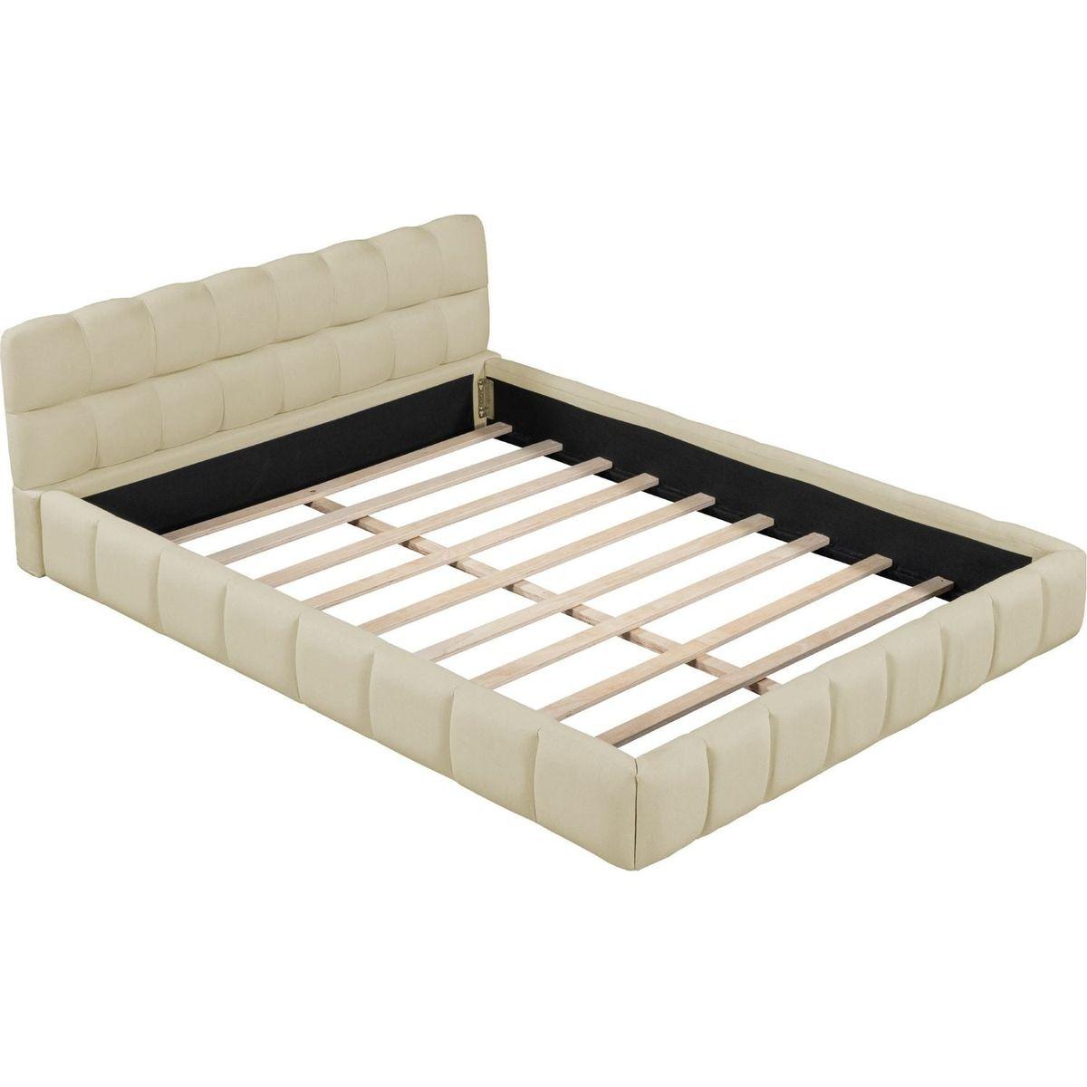 Queen Size Upholstered Platform Bed with Thick Fabric, Grounded Bed with Solid Frame, Beige