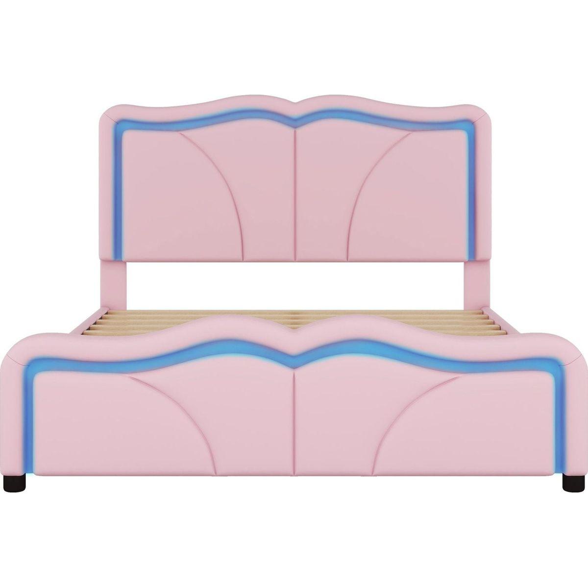 Full Size Upholstered Platform Bed with Curve Shaped and Height-adjustbale Headboard,LED Light Strips,Pink