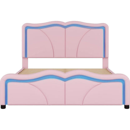 Full Size Upholstered Platform Bed with Curve Shaped and Height-adjustbale Headboard,LED Light Strips,Pink