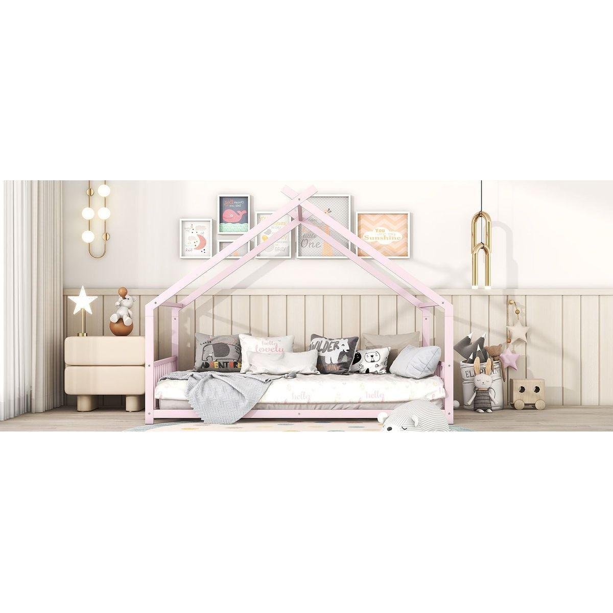 Full Size Metal House Bed, Pink