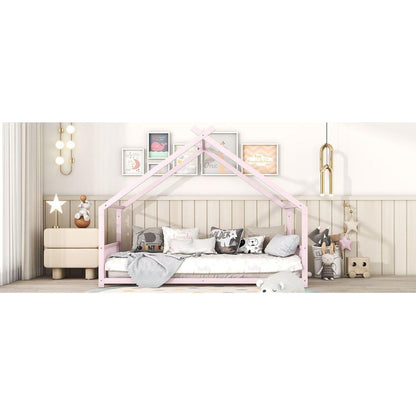 Full Size Metal House Bed, Pink