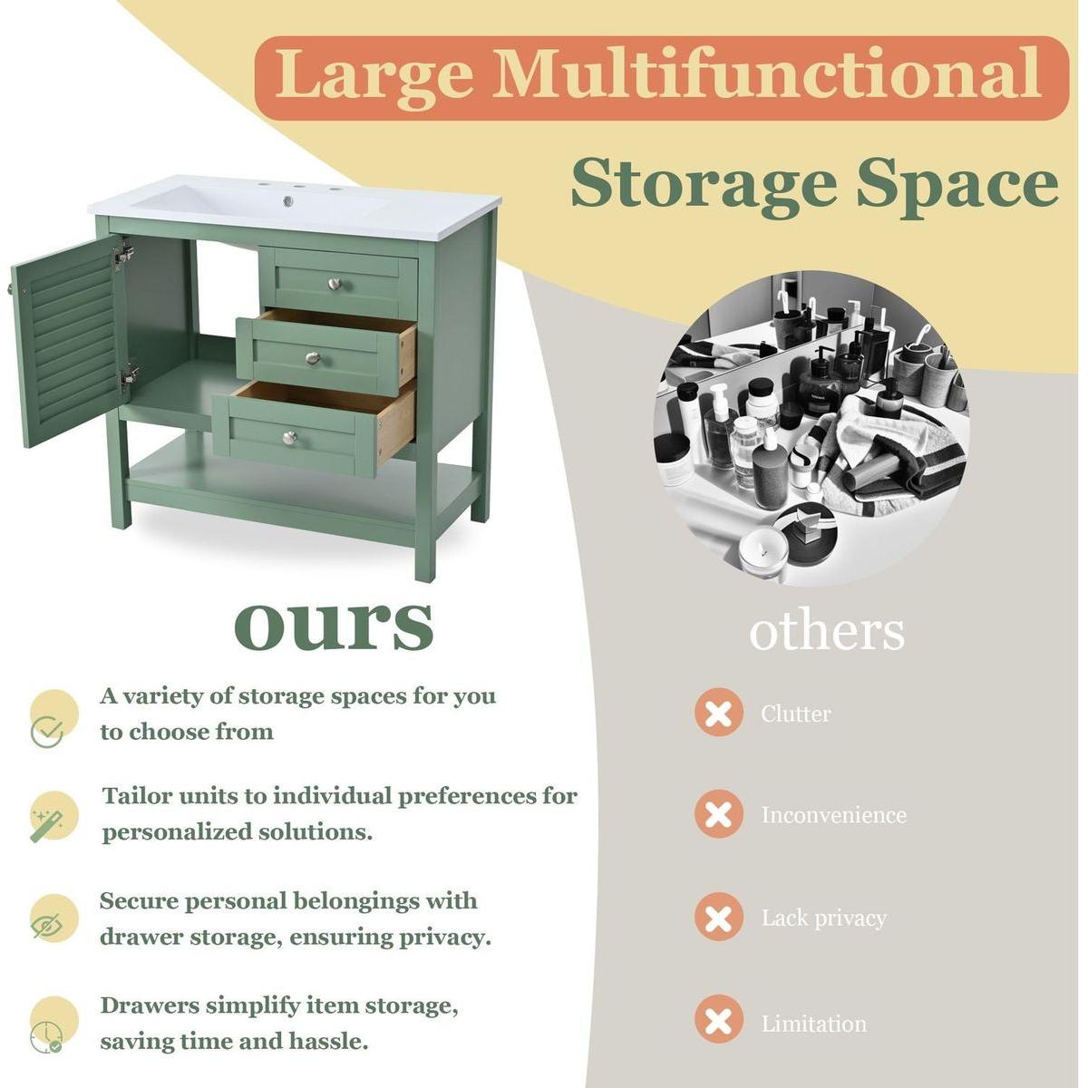 36" Bathroom Vanity with Undermount Sink, Free Standing Vanity Set with 2 Drawers& Soft Closing Doors, Bathroom Storage Cabinet with Solid Wood Feet, Green