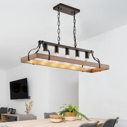34-Inch Black and Walnut Wood Grain Pendant Light, 5 E26 Bulb Sockets, Adjustable Chain Height – Modern Farmhouse Chandelier for Dining Room, Kitchen, or Living Room (Bulb Not Included)