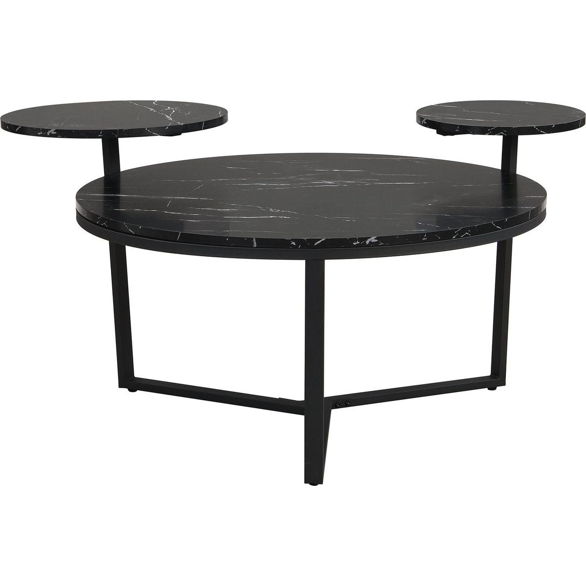 Modern coffee table with two display shelves, Black Faux marble surfaces, Tripod-inspired base,Rounded tabletop edges