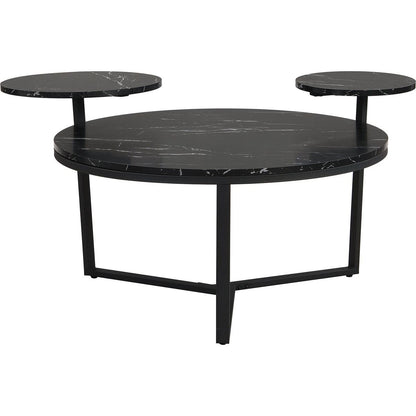 Modern coffee table with two display shelves, Black Faux marble surfaces, Tripod-inspired base,Rounded tabletop edges