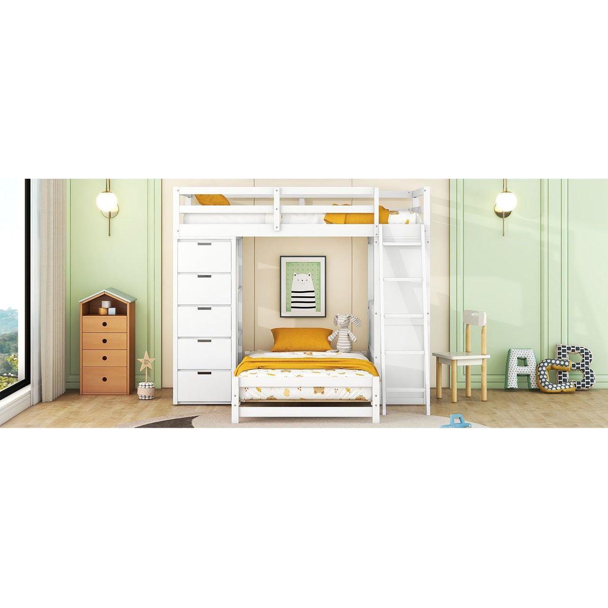 Twin over Twin Bunk Bed with LED Light and USB Ports, White
