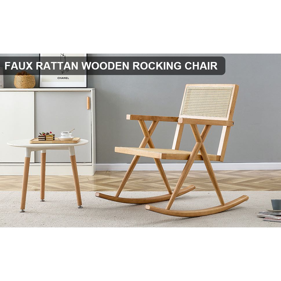 Solid wood+imitation rattan rocking chair allows you to relax quietly indoors and outdoors, enhancing your sense of relaxation, suitable for balconies, gardens, and camping sites