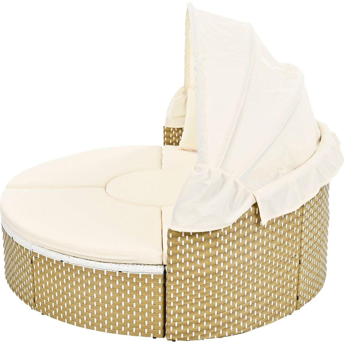 Patio Furniture Round Outdoor Sectional Sofa Set Rattan Daybed Two-Tone Weave Sunbed with Retractable Canopy, Separate Seating and Removable Cushion, Beige