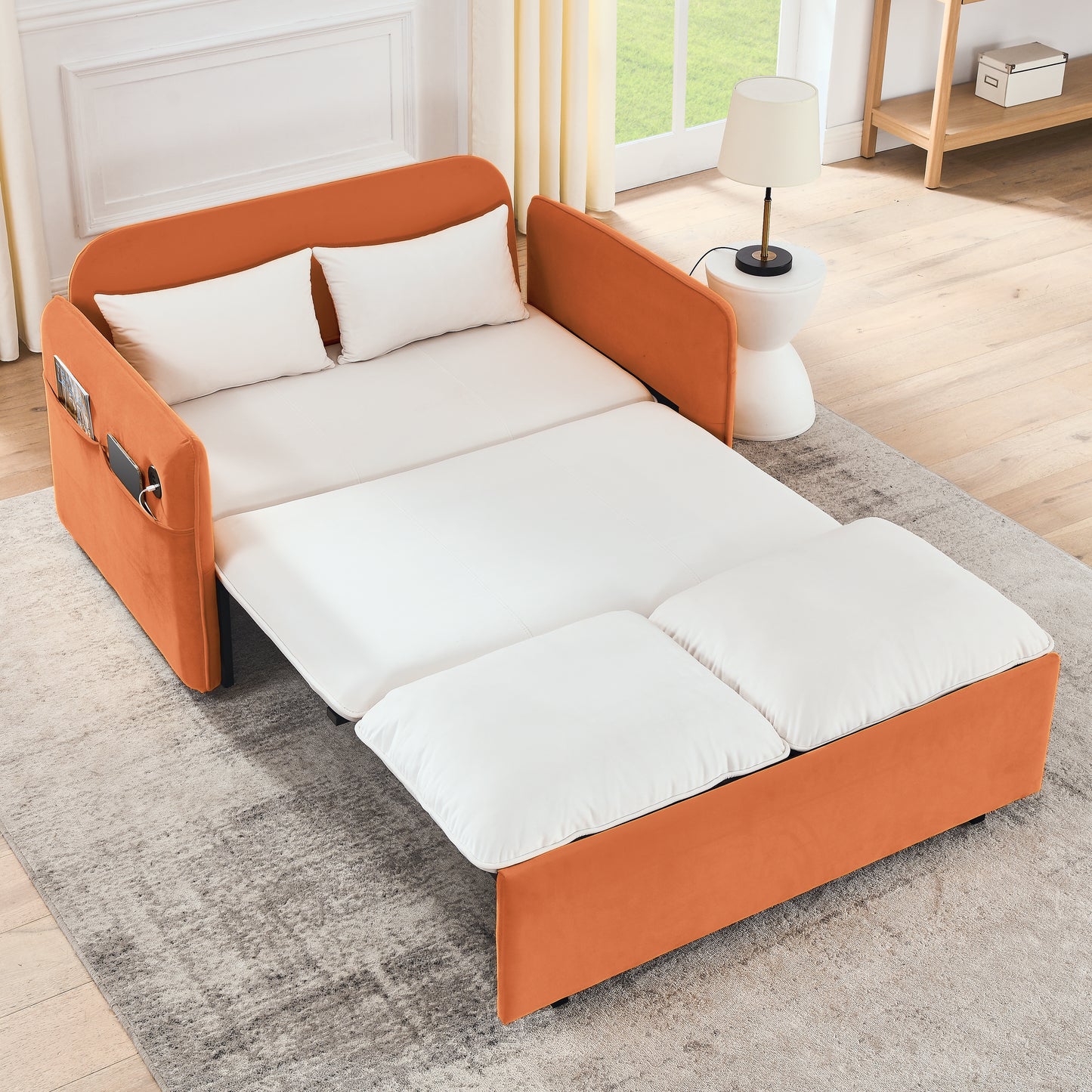 53" Modern Convertible Sofa Bed w/2 Removable Armrests w/USB Power Port, Velvet Recliner Adjustable Sofa w/Head Pull-Out Bed, 2 Pillows, For Living Room Apartment etc., White-Orange